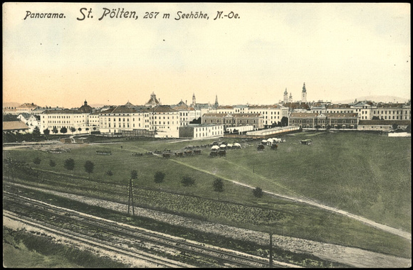 Panorama St. Pölten im Vordergrund Gleise der MAaiazellerbahn - 1908